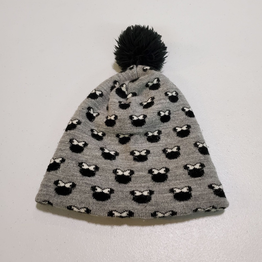 Disney‎ Women Hat OS Gray Acrylic Knit Beanie Minnie Mouse Pom Pom